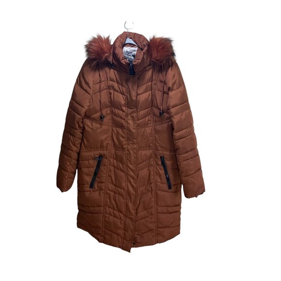 Kensie Winter Puffer Coat Women LG Copper Fur Hooded Insulated Snap Button Zip